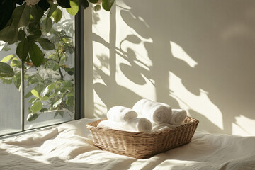 Rolled towels in basket by window