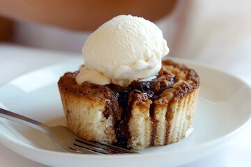 Sweet Indulgence: A decadent dessert, a swirl of freshly baked cake topped with a generous scoop of vanilla ice cream, presented elegantly on a white plate, inviting taste and comfort.