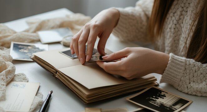 Woman organizing old photos in album, hands only visible