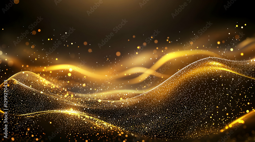Poster abstract golden wavy design with shiny particle effect on dark backdrop for modern elegant backgroun