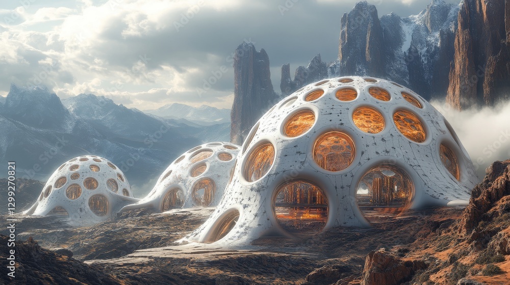 Poster futuristic domes in a stark mountain landscape: a vision of advanced architecture harmonizing with n