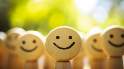 Wooden smiley figures arranged in a cheerful display, evoking happiness and positivity in an outdoor setting
