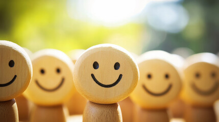Wooden smiley figures arranged in a cheerful display, evoking happiness and positivity in an outdoor setting