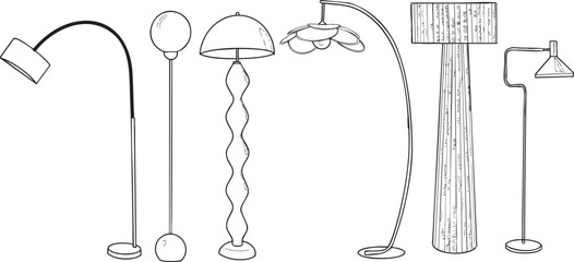 Ensemble illustrations lampe lampadaire décoration intérieur design vecteur trait noir