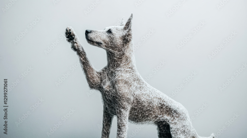 Poster dog covered in string stands proudly against a minimalist background in a creative artistic display