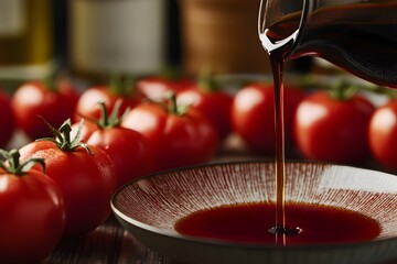 Tomato & Balsamic Delight: A drizzle of rich, dark balsamic vinegar cascades into a shallow bowl, complemented by a row of vibrant, ripe tomatoes, creating a symphony of flavors and visual appeal. 