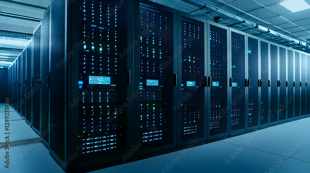 Poster rows of servers and data storage systems in a modern data center environment with blue and green lig