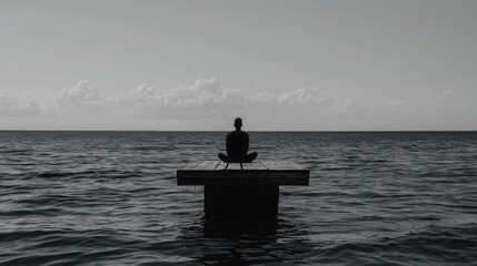 Solitary Figure Meditates on Ocean Pier