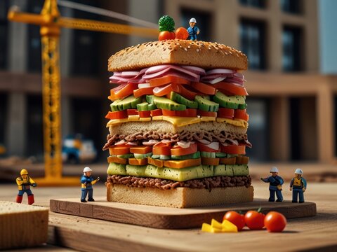 Miniature workers assembling a towering gourmet sandwich in surreal scene