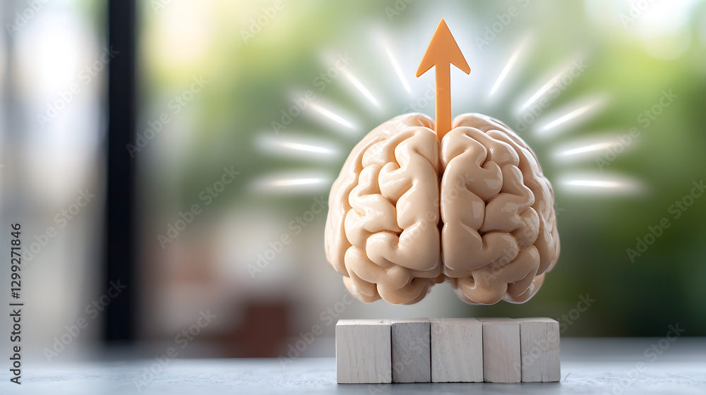 Poster a brain with an arrow pointing upwards is on top of a wooden block