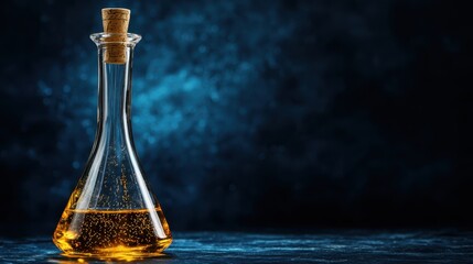 A glass decanter filled with golden liquid sits against a dark, textured background, creating a striking visual contrast.