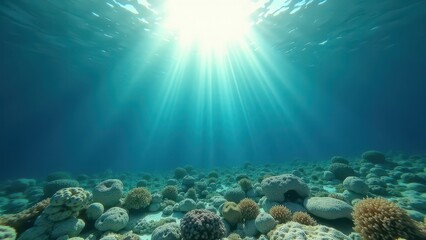 Obraz premium Sunlight streaming through clear ocean water on a coral reef affected by bleaching 