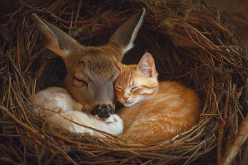 Naklejka premium a cat and a deer are in a nest