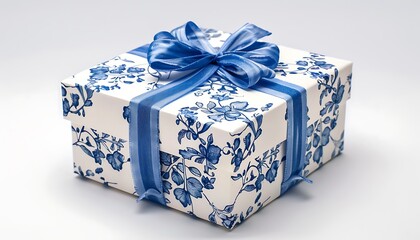 Blue gift box with blue bow on the background of autumn leaves.