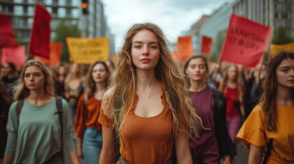 A young woman leads a feminist protest with banners in an urban setting. The image represents activism, gender equality, and Women’s Day (March 8).