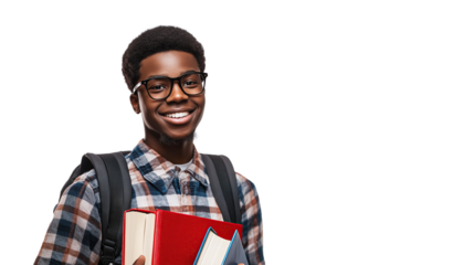 African Student Smiling, Carrying Books and Wearing Glasses, Transparent Background and Copy Space for Text 