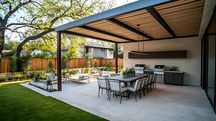 Fototapeta premium Luxury Outdoor Patio Dining Space With Modern Architecture Featuring Dining Table Chairs and Grill Under Pergola Structure