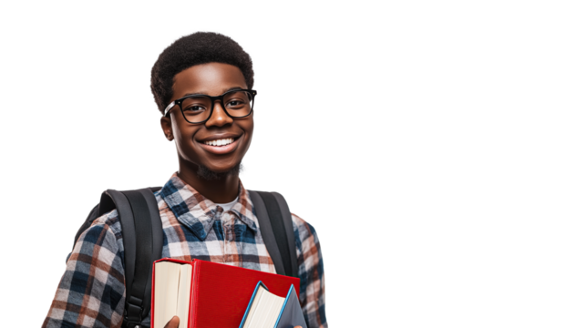 African Student Smiling, Carrying Books and Wearing Glasses, Transparent Background and Copy Space for Text 