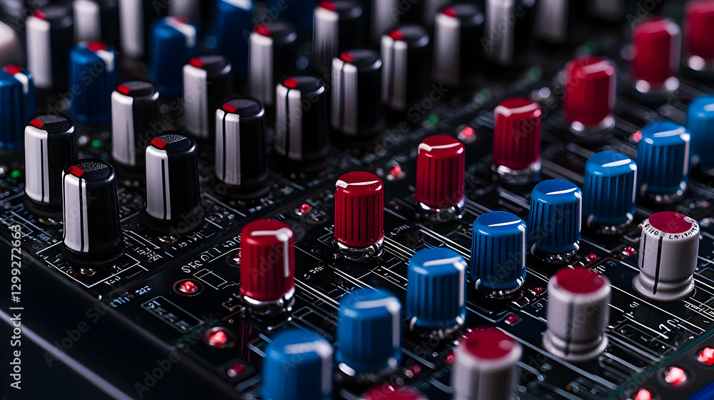 Poster detailed close up of a professional audio mixer with colorful buttons and controls