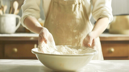 Close up of woman's hands holding bowl with flour and butter cut in cubes on kitchen table. Making puff dough or shortbread