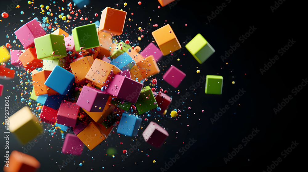 Aufkleber colorful cubes and particles exploding on dark background in digital abstract 3d render