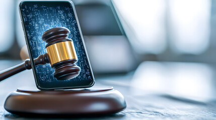 A phone is displayed with a gavel on top of it
