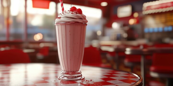 Classic milkshake with whipped cream and raspberries in a retro diner setting during the afternoon