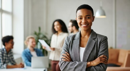 Obraz premium Confident Black woman in business setting, colleagues background