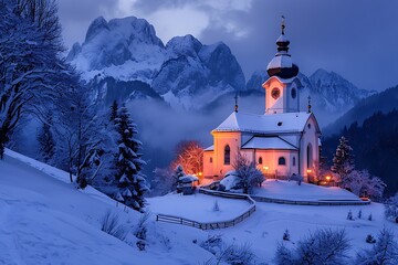 Church of St. Mary Magdalene on the background of the Dolomites, Italy