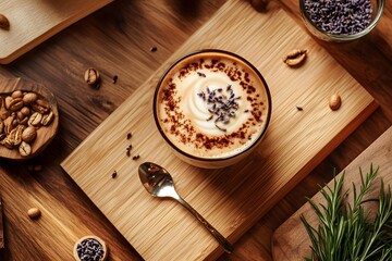 Artisan Coffee Presentation: An overhead shot showcases a meticulously crafted cup of cappuccino adorned with a delicate sprinkle of lavender, nestled on a wooden cutting board.
