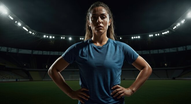 Determined female athlete standing in lit stadium at night