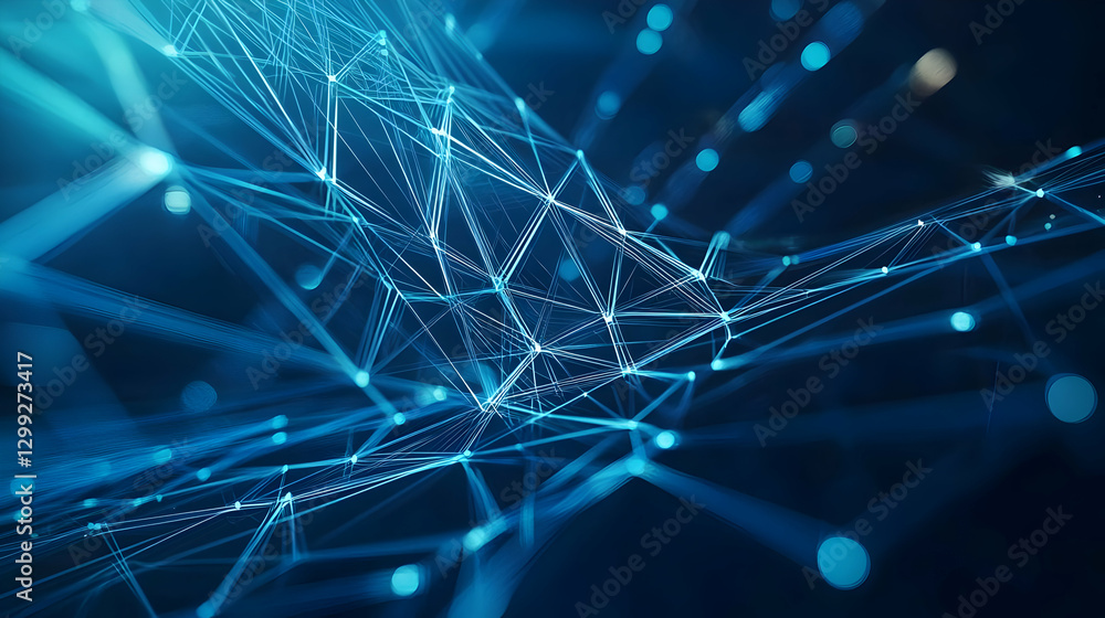 Poster abstract digital network of glowing blue lines and nodes on dark background