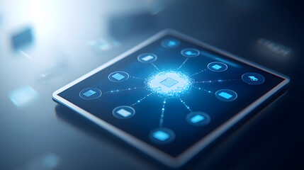 Fototapeta premium A tablet with a blue screen showing a network of icons