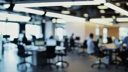 Blurry office scene with modern lighting and busy atmosphere, conveying a bustling work environment. Wide-angle video.