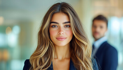 Fototapeta premium Confident business woman smiling in modern office with colleague in background