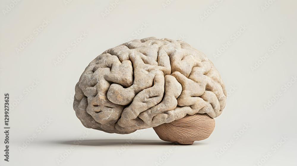 Poster three-dimensional render of a textured beige brain isolated against a light background emphasizing s