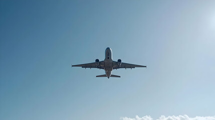 Obraz premium Airplane Flying Against Clear Blue Sky During Sunny Day