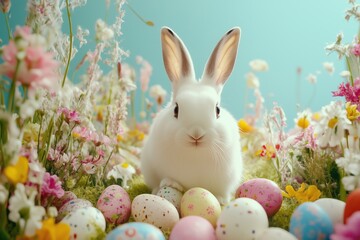 Spring scene with a white rabbit and Easter eggs in tall grass
