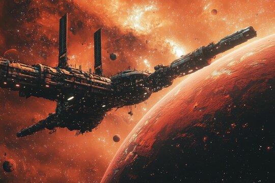 multi-module space station, orbiting a crimson, alien planet, with the galaxy's expanse behind