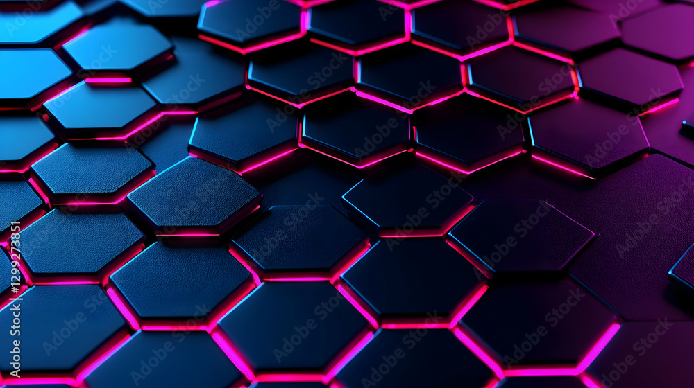 Poster abstract geometric hexagonal pattern with neon blue and pink lights displaying modern technology