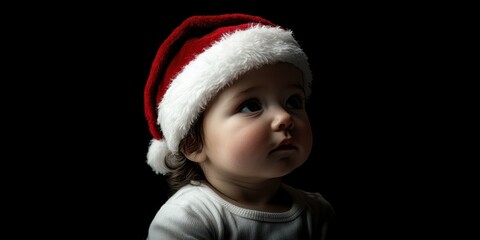 Baby wearing a festive red and white Santa hat with a thoughtful expression during the holiday season