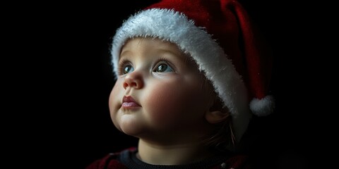 Child wearing Santa hat gazes up with curiosity during the holiday season in a dimly lit room