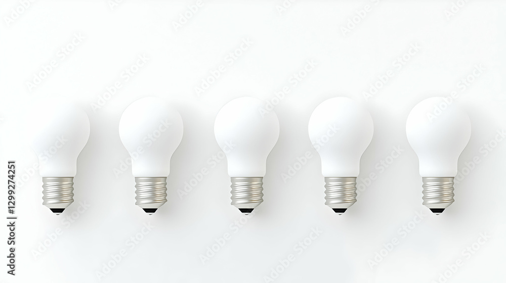 Poster five white light bulbs arranged in a horizontal row on a white background with shadow and overhead v