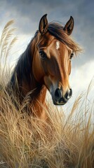 Obraz premium Majestic brown horse standing gracefully in tall golden grass under a cloudy sky