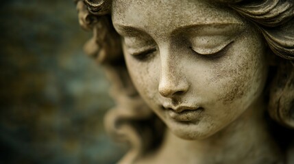 Closeup of a serene angel statue, outdoor garden setting