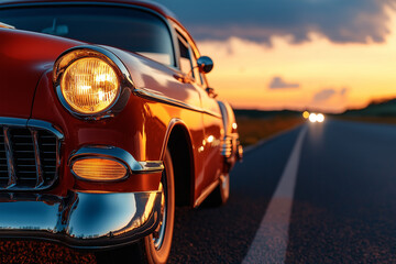 Fototapeta premium A glossy red vintage car stands