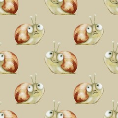 Cute snail watercolor pattern design for textile and packaging applications in seamless format