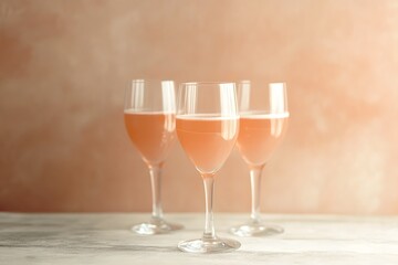 Fototapeta premium Sparkling Toast: A collection of elegant champagne flutes brimming with a light, effervescent rose-colored liquid, poised for celebration. The flutes stand in a row.