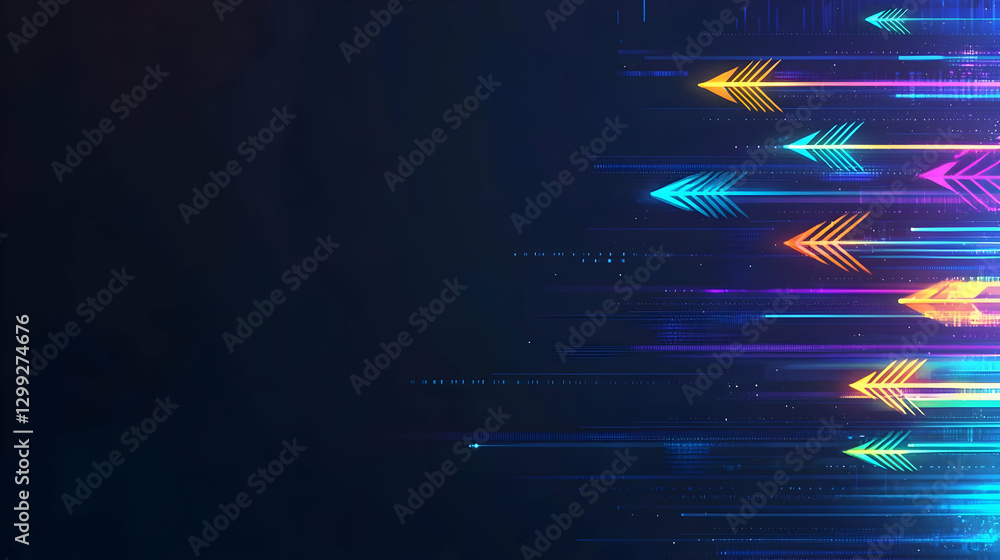 Poster abstract digital arrows displaying data movement on a dark background with colorful neon lights