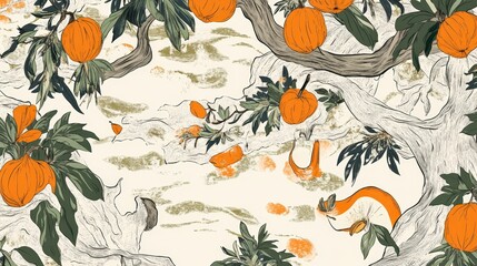 Stunning Orange Fruit Tree Pattern, Detailed Botanical Illustration